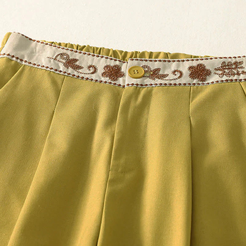 Buddha Stones Women's Embroidery Elastic Waistband Zipper Design Cotton Wide Leg Pants With Pockets