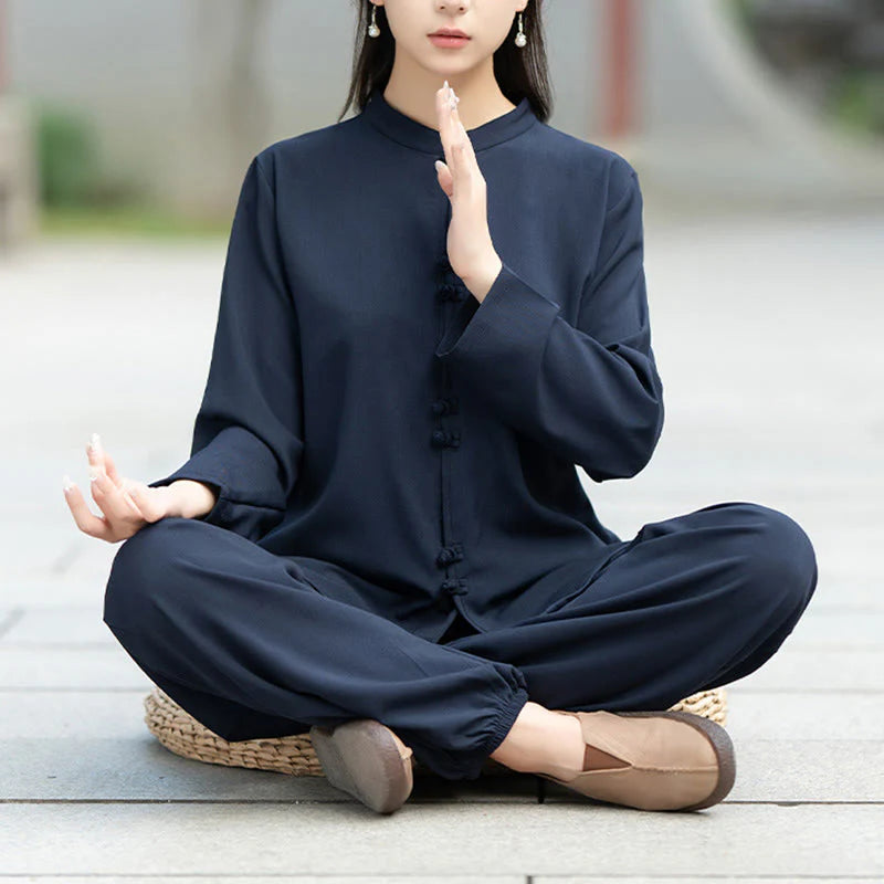Buddha Stones 2Pcs Chinese Frog-Button Long Sleeve Shirt Top Pants Meditation Zen Tai Chi Cotton Clothing Women's Set