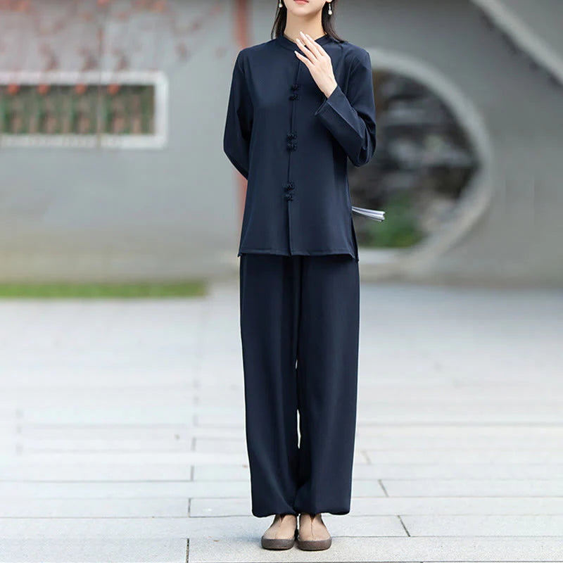 Buddha Stones 2Pcs Chinese Frog-Button Long Sleeve Shirt Top Pants Meditation Zen Tai Chi Cotton Clothing Women's Set
