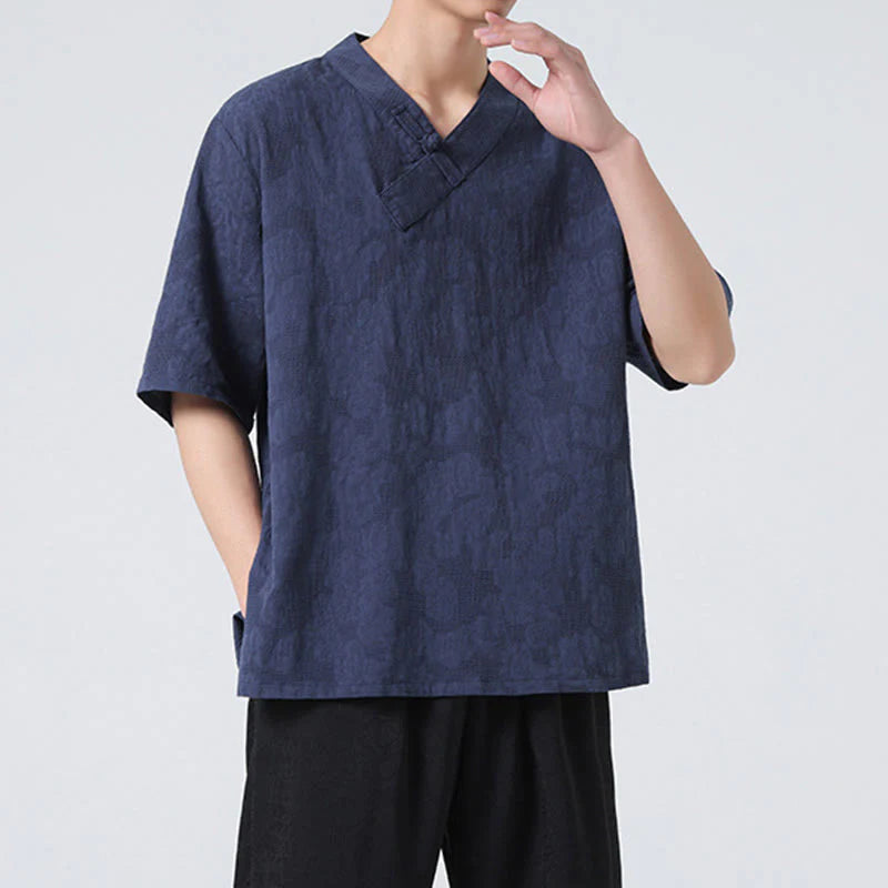 Buddha Stones Ethnic Distressed Jacquard Frog-Button Men's Stand Collar Half Sleeve Cotton Linen Shirt Tai Chi Clothes