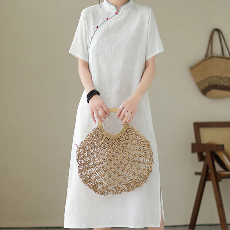 Buddha Stones Pure Color Short Sleeve Jacquard Chinese Cheongsam Qipao Midi Dress With Pockets