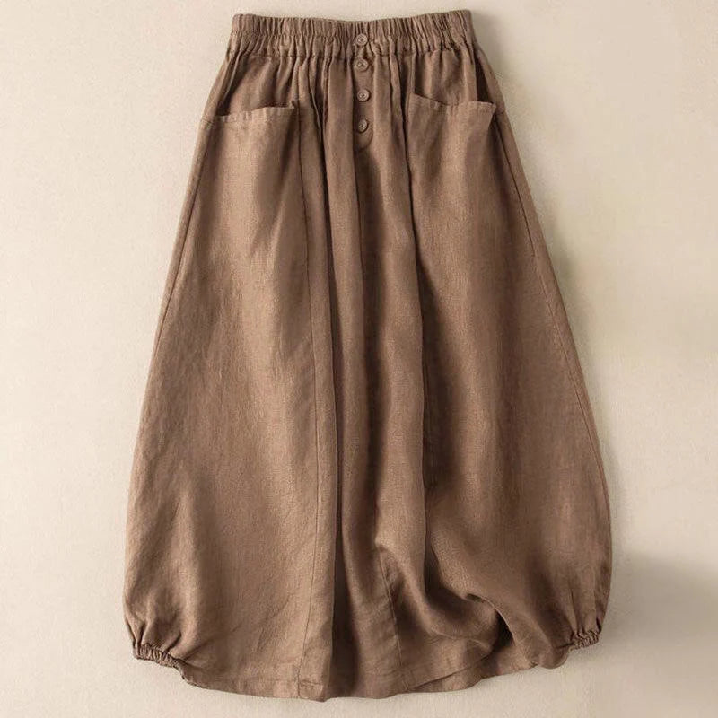 Buddha Stones Summer Solid Button Elastic Waist 7-8 Length Women's Skirt With Pockets