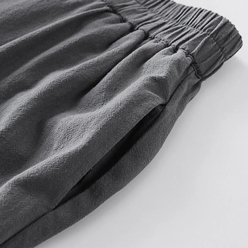 Buddha Stones Summer Plain Straight Leg Men's Cotton Linen Ankle-Length Pants With Pockets