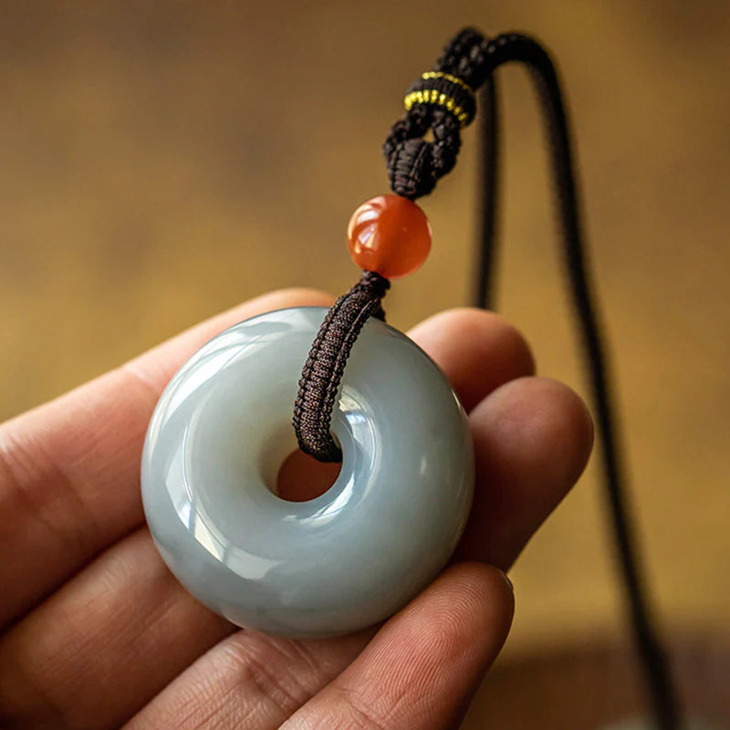 Buddha Stones Natural Round Jade Gray Jade Peace Buckle Luck Necklace Pendant