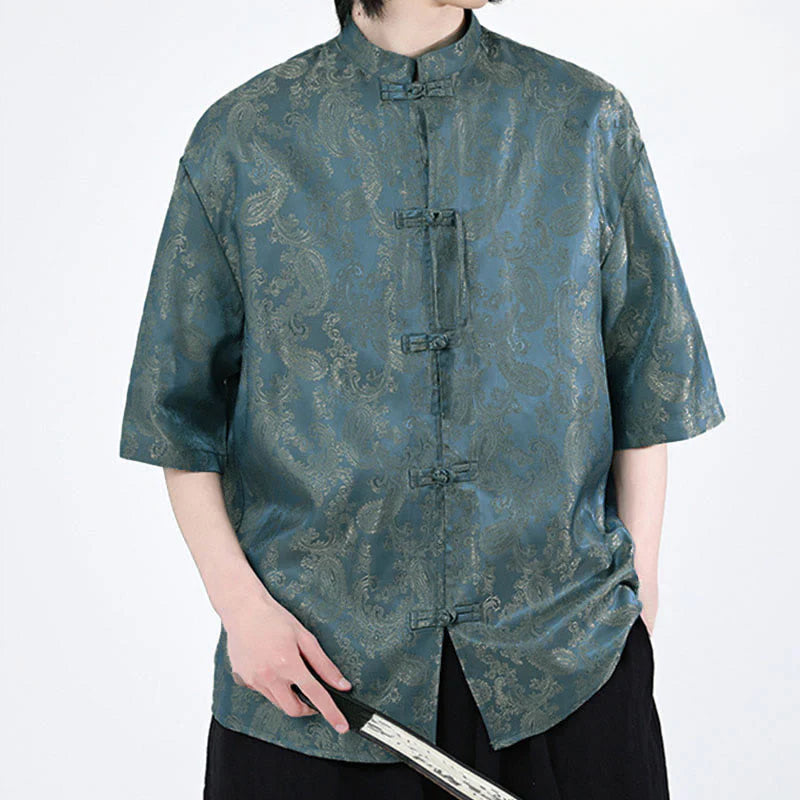 Buddha Stones Summer Frog-Button Half Sleeve Vine Leaf Flower Pattern Men's Shirt