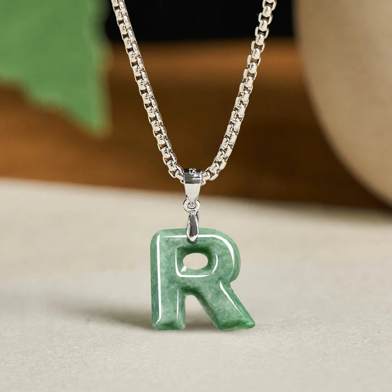 Buddha Stones Natural A-Z Letter Jade Titanium Steel Wide Chain Prosperity Necklace Pendant