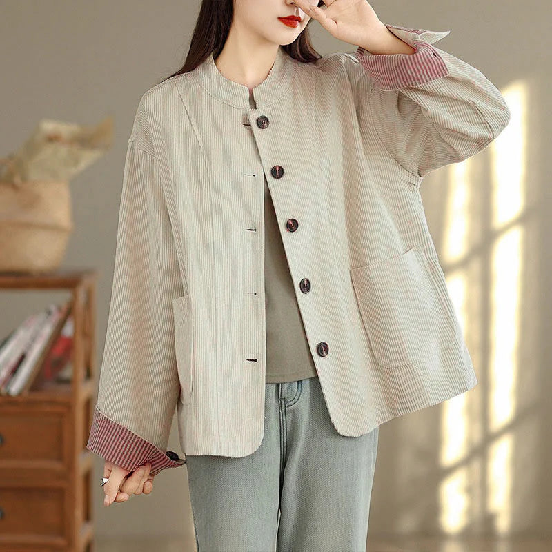 Buddha Stones Buttons Design Corduroy Long Sleeve Women's Jacket With Pockets