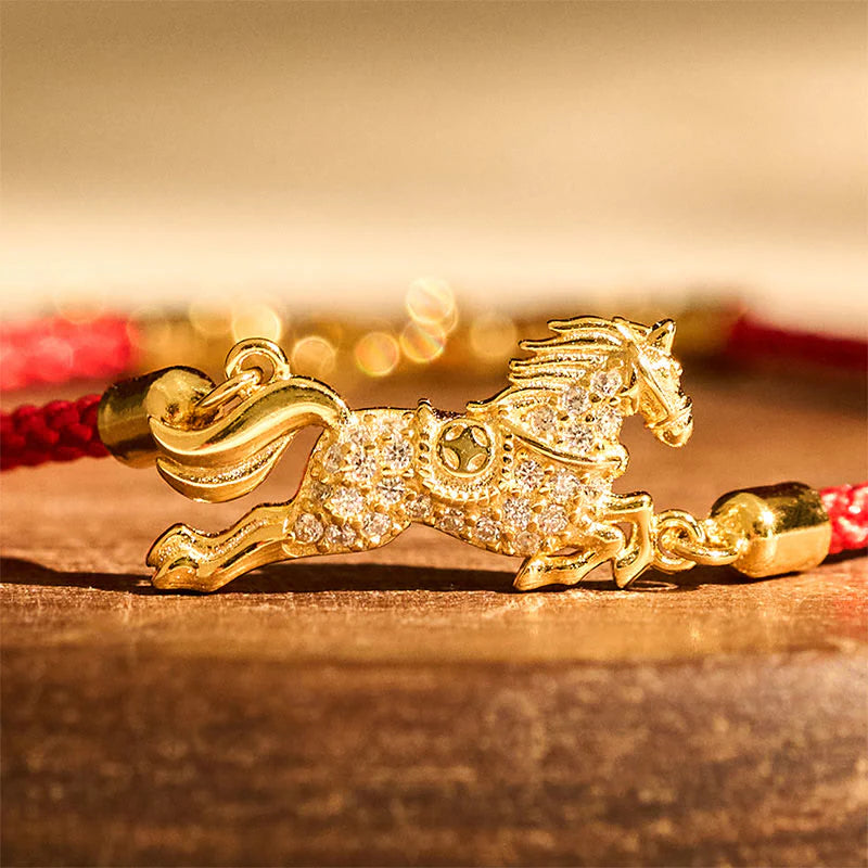 Buddha Stones Chinese Zodiac Year Of The Horse 925 Sterling Silver Golden Red String Luck Bracelet