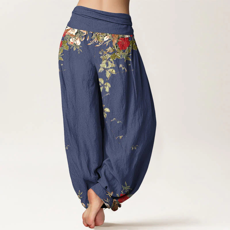 Buddha Stones Pure Cotton Colourful Flower Leaves Patterns Women's Elastic Waist Harem Pants