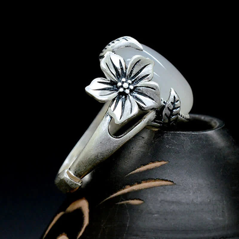 Buddha Stones 990 Sterling Silver Natural Chalcedony Plum Positive Harmony Ring