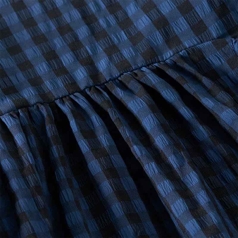 Buddha Stones Summer MidnightBlue Checked  A-line Pleated Crew Neck Knee Length Women's Short Sleeve Dress