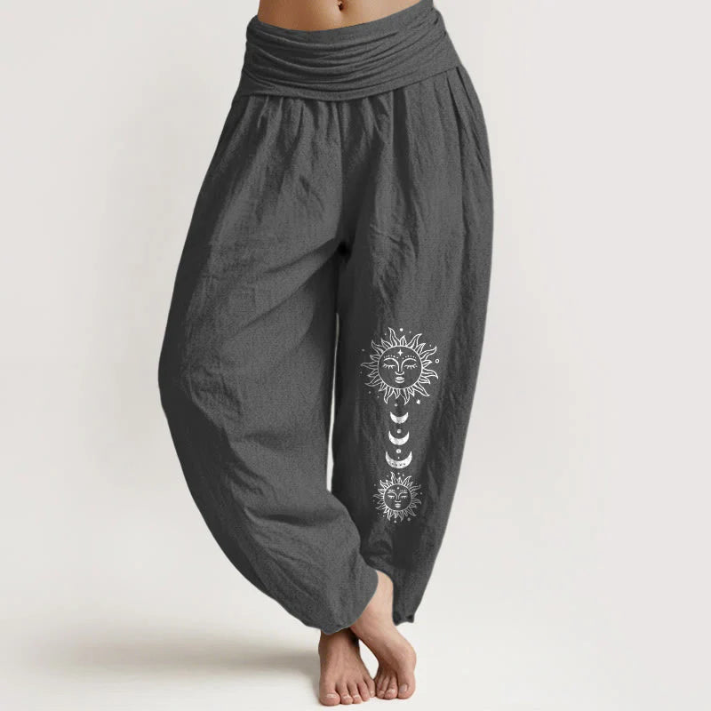 Buddha Stones Bohemian Sun Moon Pattern Women's Elastic Waist Harem Pure Cotton Pants