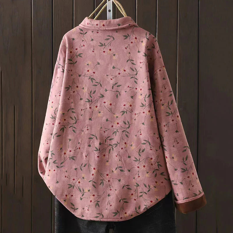 Buddha Stones Winter Flower Green Leaves Frog-Button Stand Collar Long Sleeve Women's Cotton Shirt