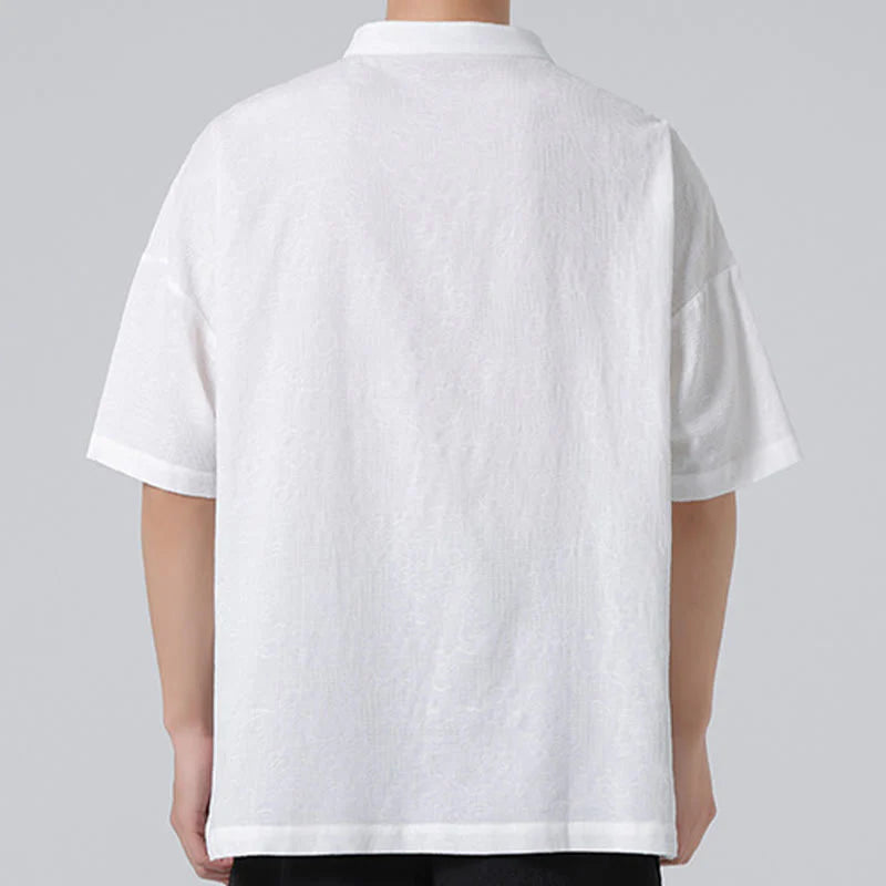 Buddha Stones Retro Pure Color Frog-Button Design Jacquard Flower Pattern Men's Short Sleeve Cotton Linen Shirt