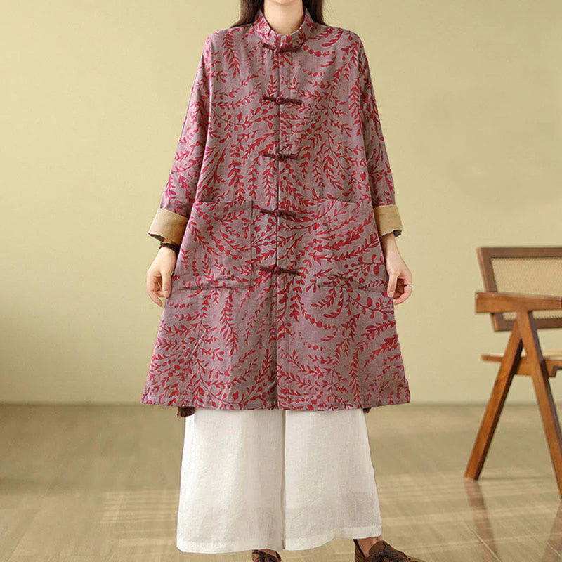 Buddha Stones Frog-button Vine Leaves Women's Coat With Pockets