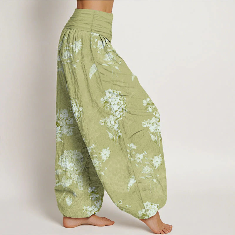 Buddha Stones Cotton Refresh Hydrangea Clustered Flowers Pattern Women's Elastic Waist Harem Pants