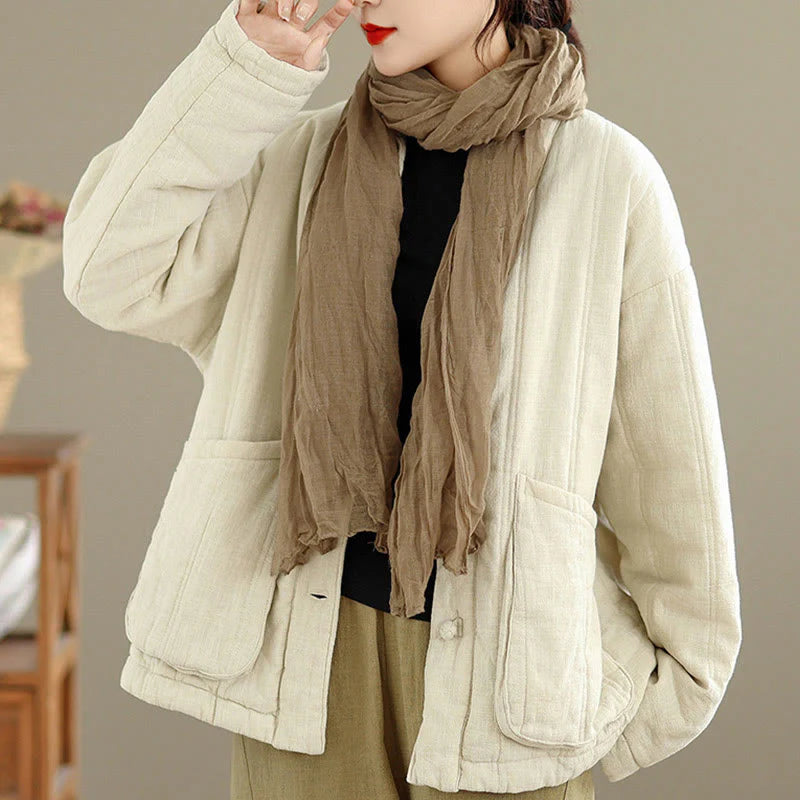 Buddha Stones Winter Solid Long Sleeve Cotton Women's Thermal Jacket With Pockets