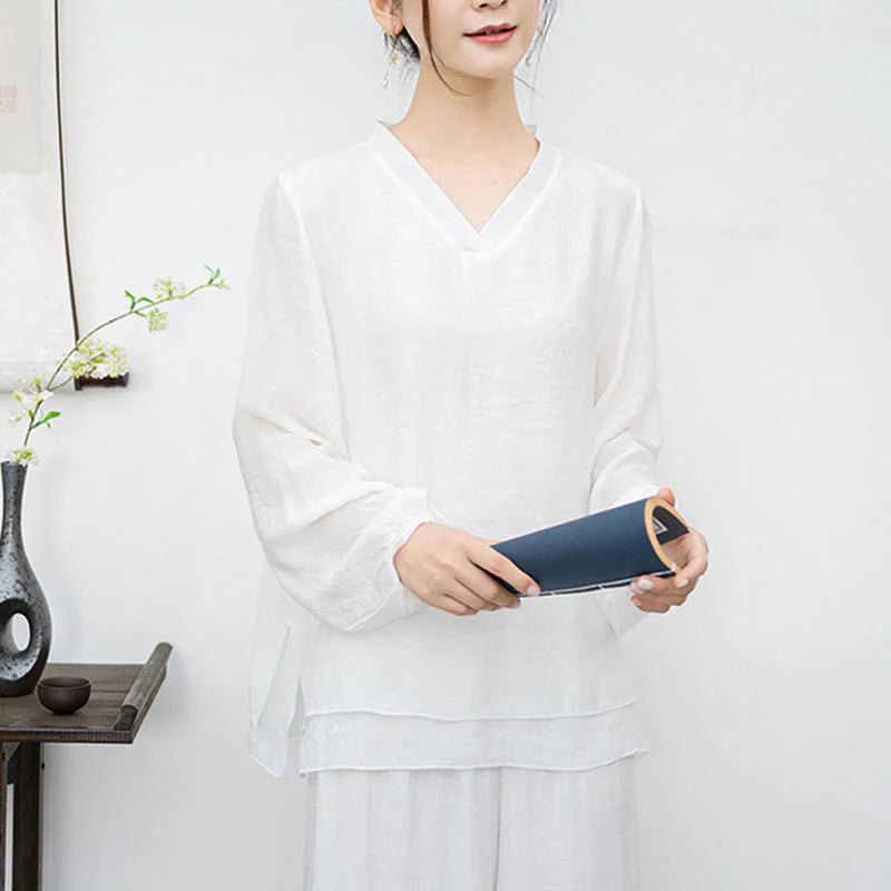 Buddha Stones 2Pcs White Long Sleeve V-Neck Shirt Wide Leg Pants Meditation Women's Set