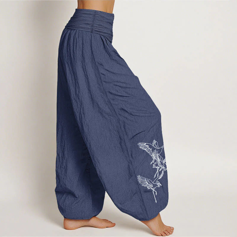 Buddha Stones Flying Crane Pattern Women's Elastic Waist Harem Cotton Pants