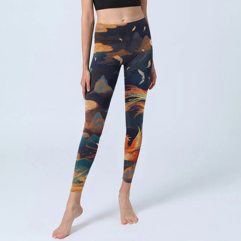Buddha Stones Gorgeous Phoenix Cloud Mountain Pattern Print Gym Leggings Women's Yoga Pants