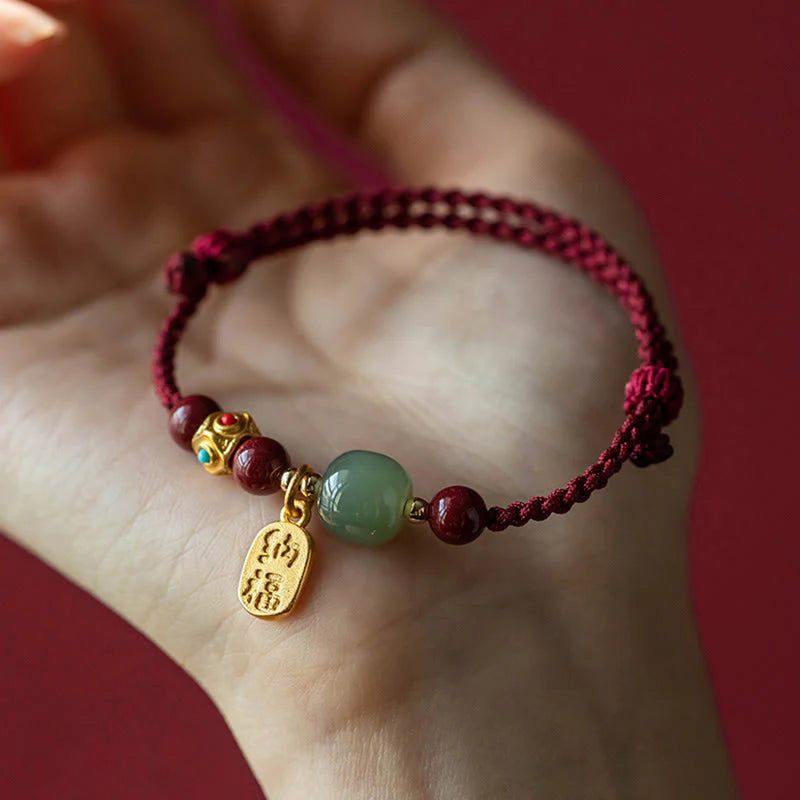 Buddha Stones Lucky Fortune Charm Hetian Cyan Jade White Jade Multicolored Braided String Prosperity Bracelet