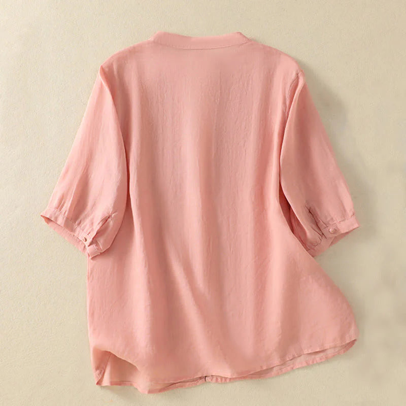Buddha Stones Rose Floral Embroidery Button Half Sleeve Women's Cotton Shirt
