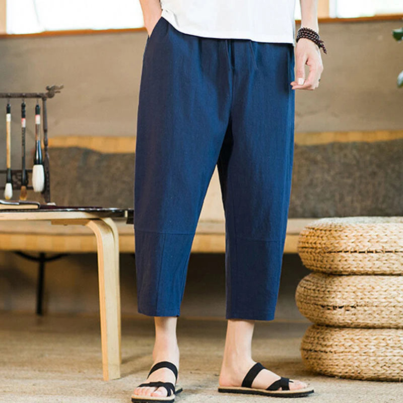 Buddha Stones Simple Design Drawstring Cotton Linen Men's Solid Color Harem Pants With Pockets