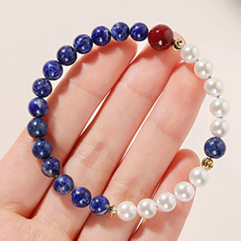 Buddha Stones Lapis Lazuli Lazurite Pearl Cinnabar Positive Beaded Bracelet