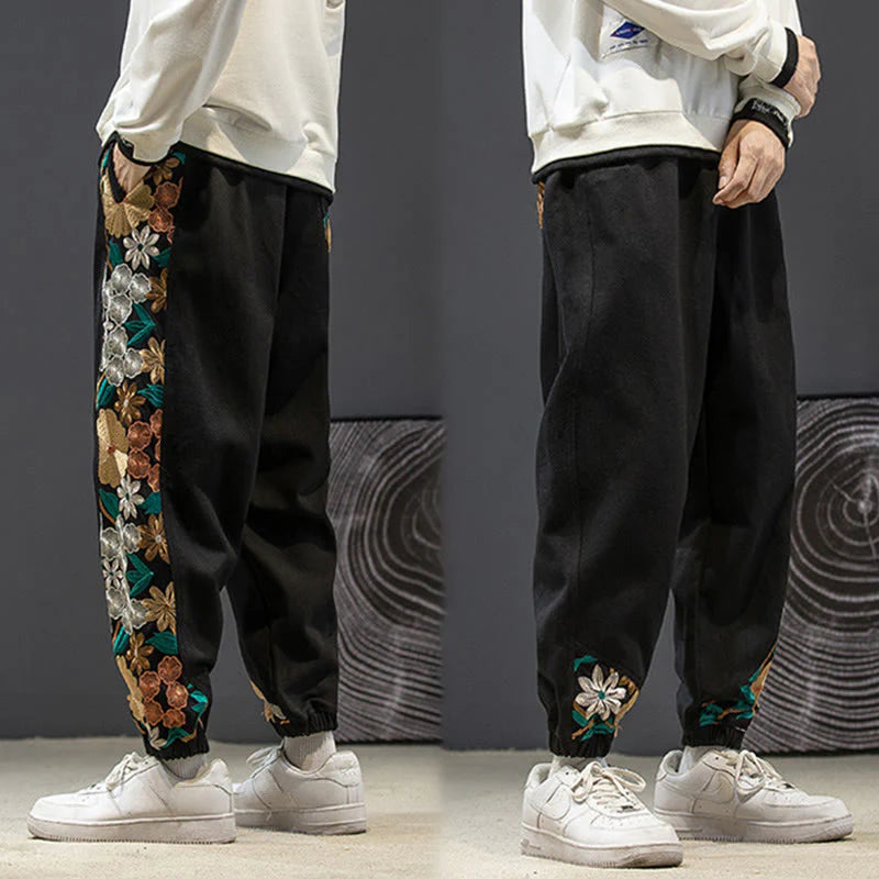 Buddha Stones Spring Men's Embroidered Flower Pattern Patchwork Cotton Pants With Pockets