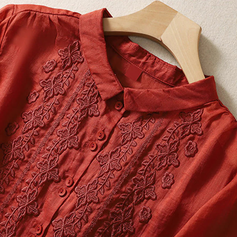 Buddha Stones Summer Plain Button Embroidery Flower Pattern Three Quarter Sleeve Lapel Cotton Linen Women's Shirt