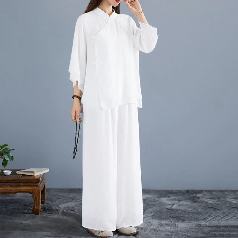 Buddha Stones 2Pcs Solid Color White Frog-Button Three Quarter Sleeve Shirt Wide Leg Pants Meditation Zen Clothing Women's Set