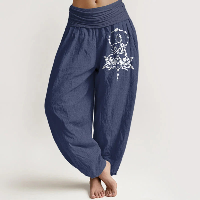 Buddha Stones Pure Cotton Concise Lotus Buddha Pattern Women's Elastic Waist Harem Pants