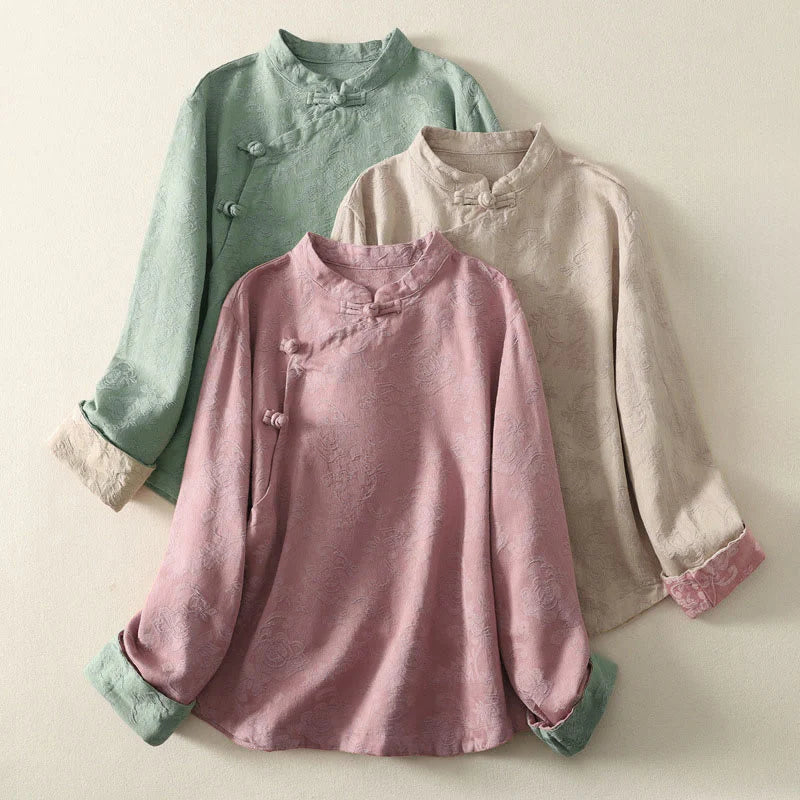 Buddha Stones Jacquard Diagonal Placket Long Sleeve Women's Cotton Linen Buttons Shirt