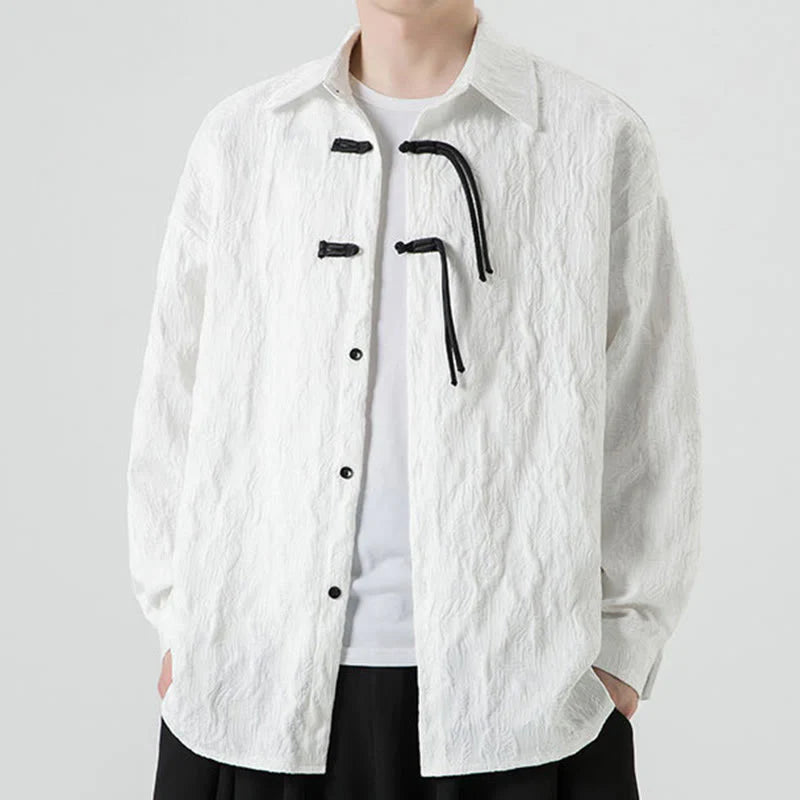 Buddha Stones Frog-Button Leaves Pattern Long Sleeve Men's Tang Suit Jacket