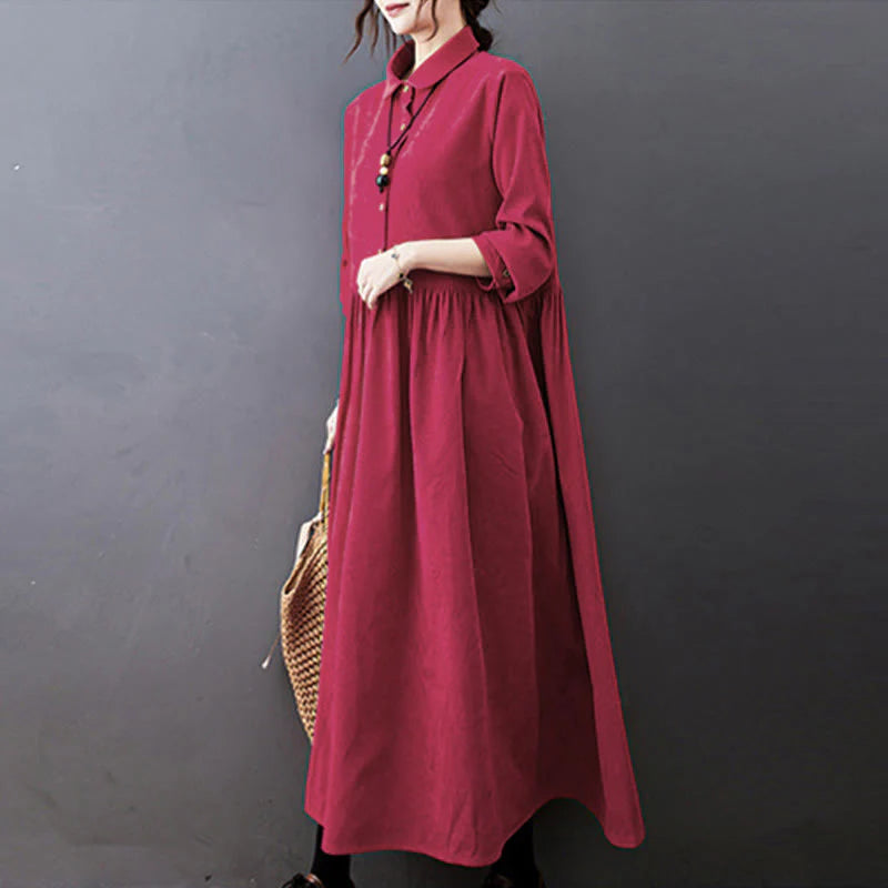 Buddha Stones Fall Buttons Design Long Sleeve Cotton Corduroy Midi Dress With Pockets