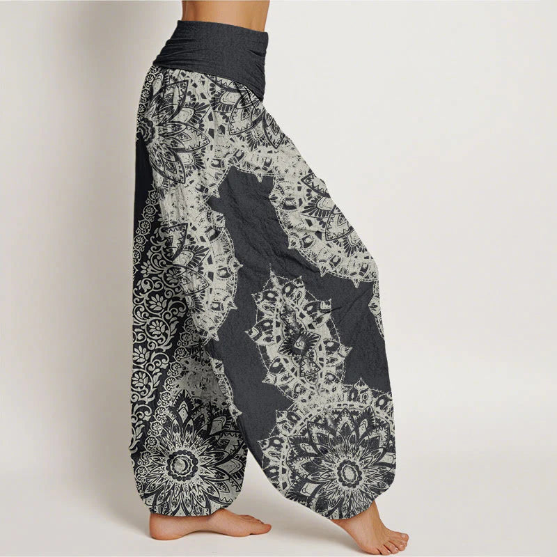 Buddha Stones Cotton Mandala Pattern Parallel Flowers Women's Elastic Waist Harem Pants