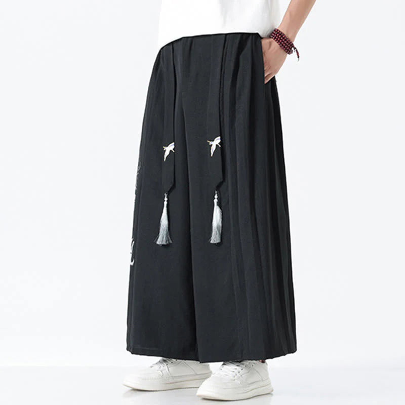 Buddha Stones Summer Dragon Drawstring Design Cotton Ankle-Length Men's Wide Leg Pants With Pockets
