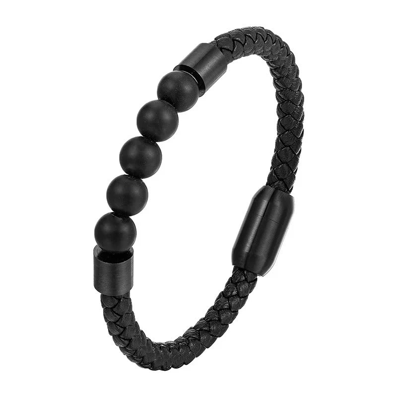 Buddha Stones Frosted Stone Lava Rock Tiger Eye Titanium Steel Stimulation Leather Bracelet