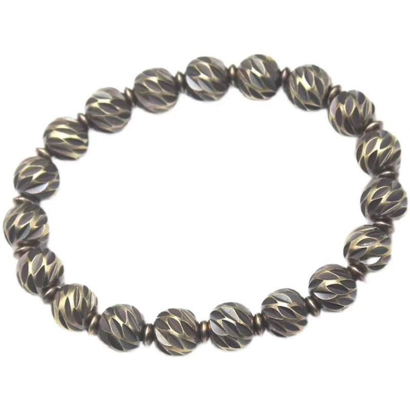 Buddha Stones Vintage Distressed Knife Carving Pattern Copper Brass Beads Wealth Bracelet