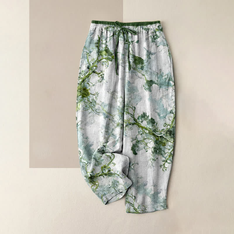 Buddha Stones Print Branches Floral Elements Women's Pure Cotton Pants With Pockets