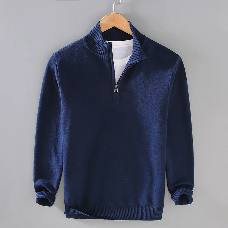Buddha Stones Ribbed Solid Color Hem Design Men's Mock Neck Long Sleeve Pure Cotton Sweater
