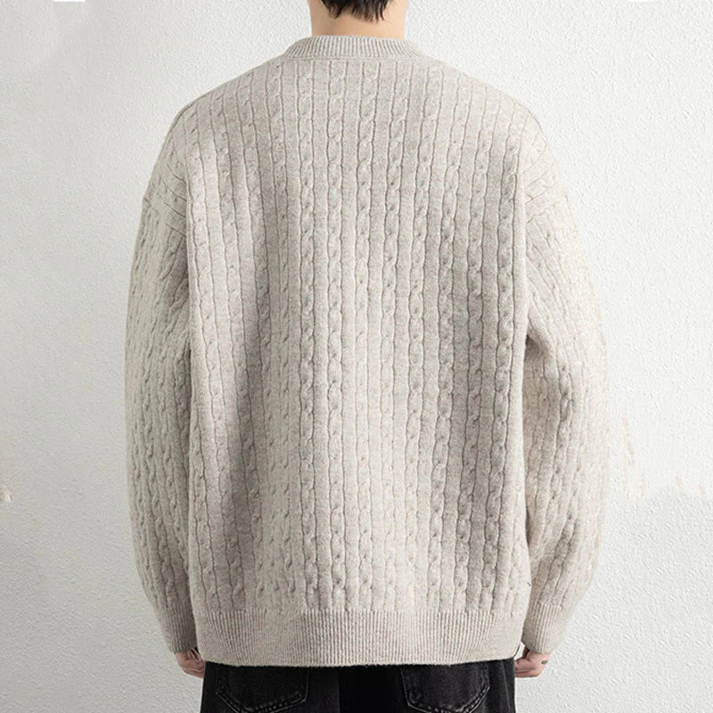 Buddha Stones Winter Crew Neck Three Buttons Twisted Design Warm Men's Long Sleeve Knitted Sweater