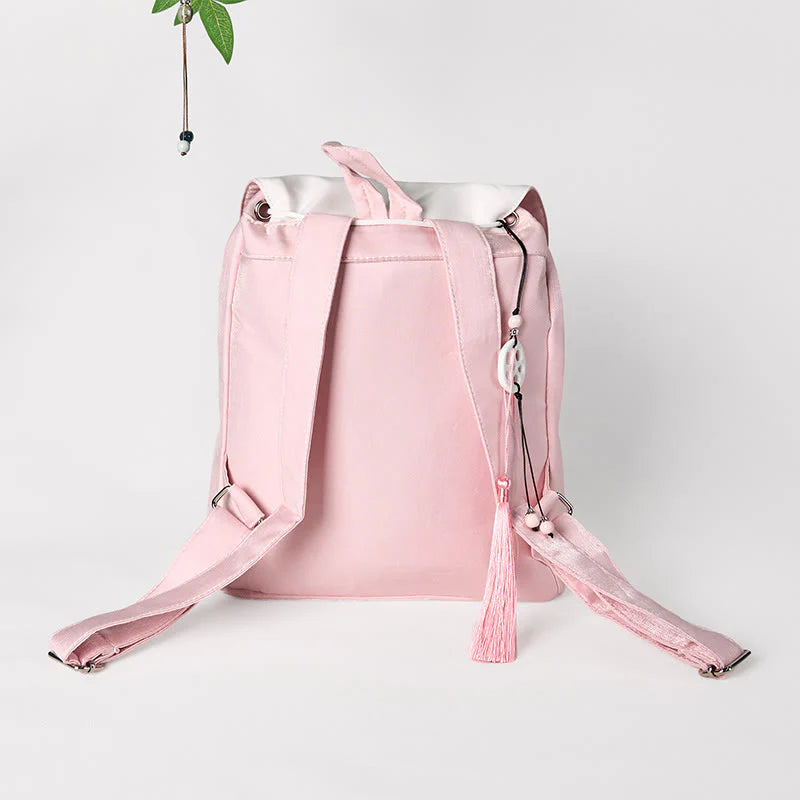 Buddha Stones Handmade Pink Peony Flowers Embroidered Large Capacity Canvas Backpack