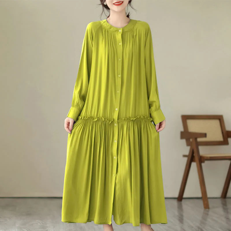 Buddha Stones Casual Plain Crew Neck Pleated Polyester Midi Dress With Pockets