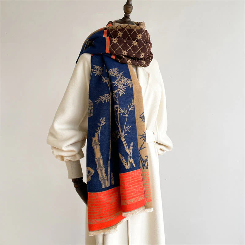 Buddha Stones Winter Bamboo Leaf Little Bird Pattern Cozy Scarf Shawl