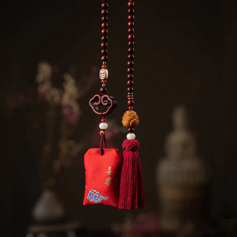 Buddha Stones Tibetan Small Leaf Red Sandalwood Lotus Cinnabar Sachet Protection Tassel Car Hanging Decoration