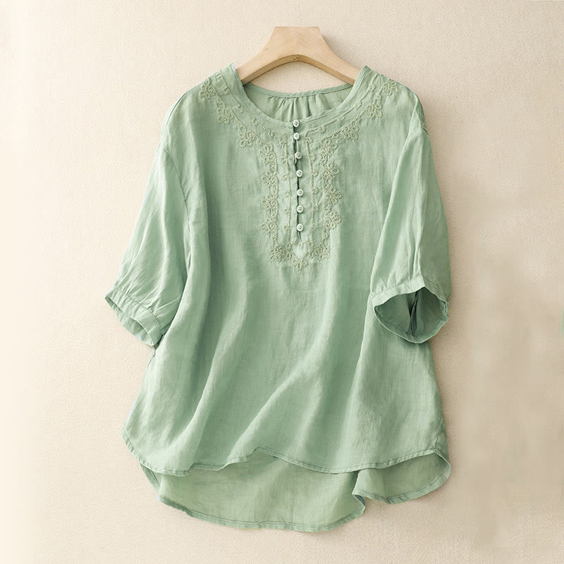 Buddha Stones Line Embroidery Button Crew Neck Half Sleeve Women's Cotton Shirt