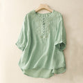 Buddha Stones Line Embroidery Button Crew Neck Half Sleeve Women's Cotton Shirt
