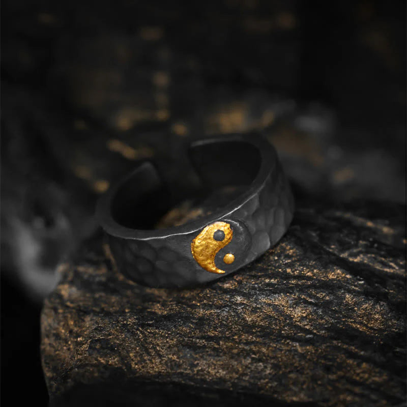 Buddha Stones Handmade 999 Sterling Silver 999 Gold Yin Yang Textured Balance Ring