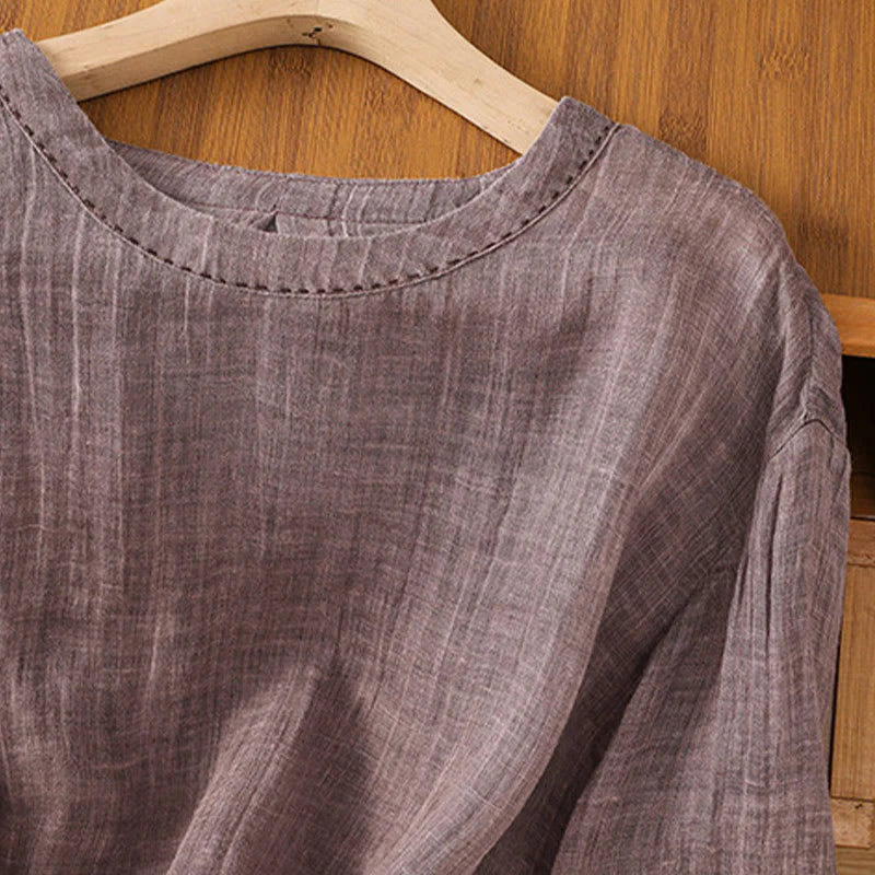 Buddha Stones Casual Summer Plain Crew Neck Women's  Cotton Linen Three Quarter Sleeve T-Shirt